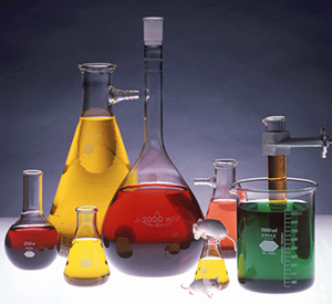 Lab bottles filled with various liquids