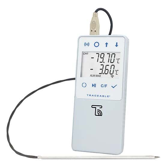 Stainless steel probe on a Traceable® Ultra-Low Temperature Wi-Fi Data Logger