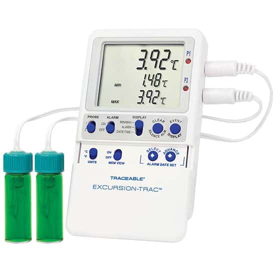 Vaccine-bottle probes on a Traceable® Excursion-Trac®  Refrigerator/Freezer Thermometer Data Logger