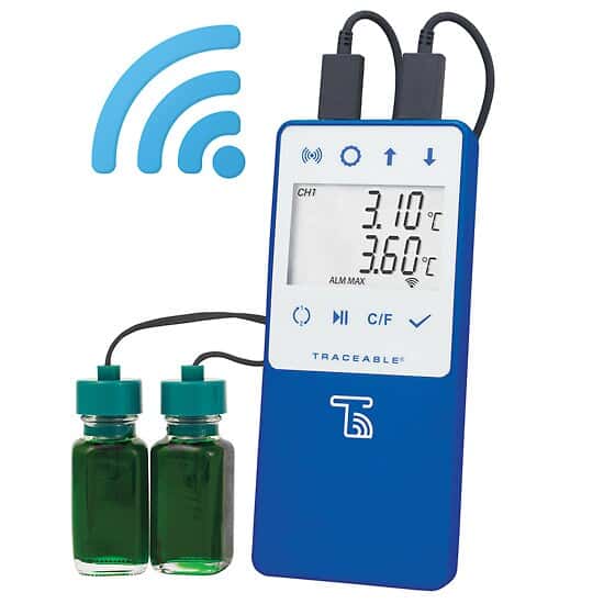 Bottle probes on a Traceable® Wi-Fi Data Logging Refrigerator/Freezer Thermometer