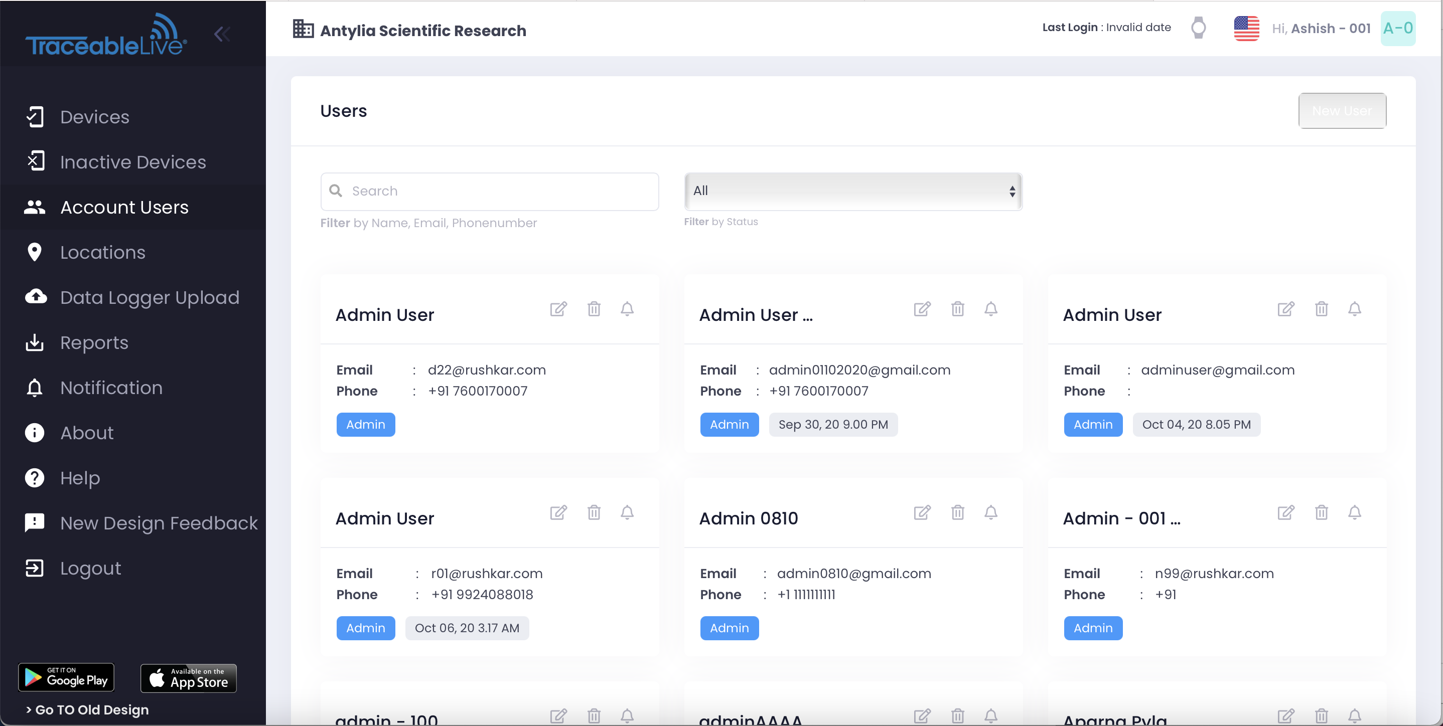 TraceableLive user access dashboard