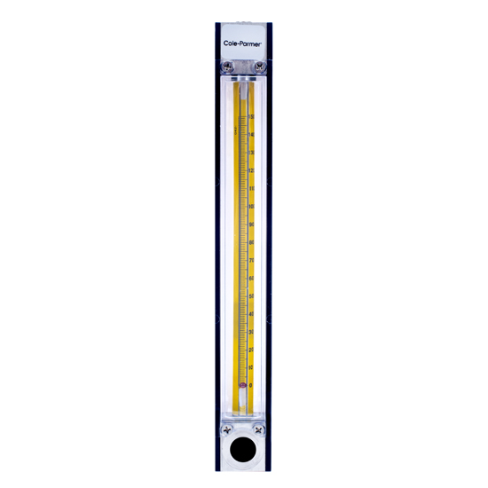 Cole-Parmer variable area flow meter with a clear front panel, a yellow measuring tube, and a float indicator for precise flow measurement.