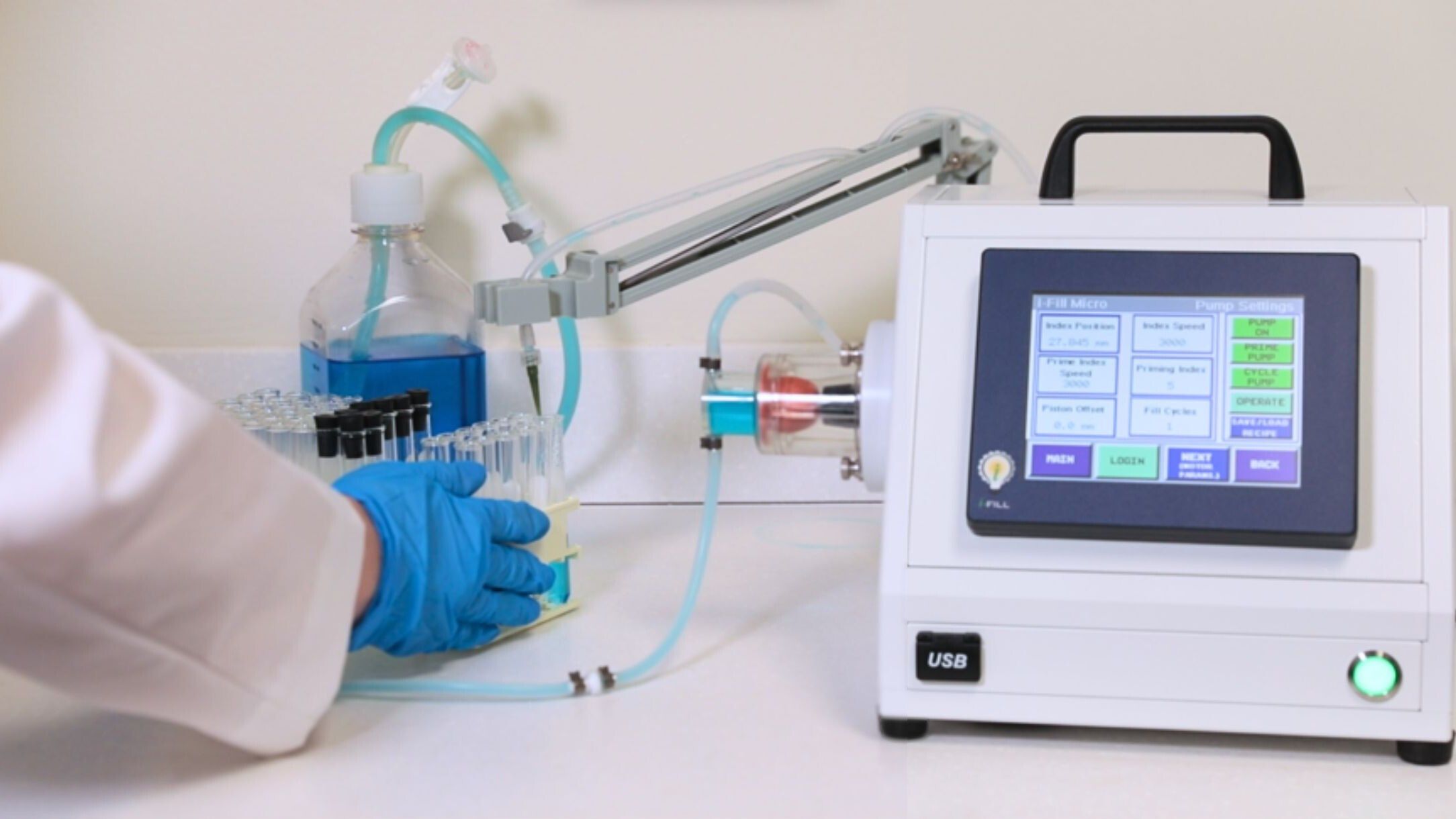 Laboratory technician using Cole-Parmer i-FILL single-use dispensing pump with digital touchscreen to fill micro-volume samples into vials on benchtop
