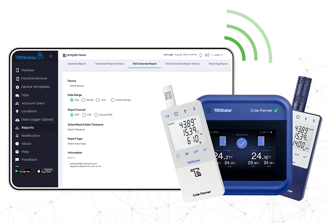 TraceableLIVE wireless cloud-based environmental monitoring dashboard showing remote sensor readings